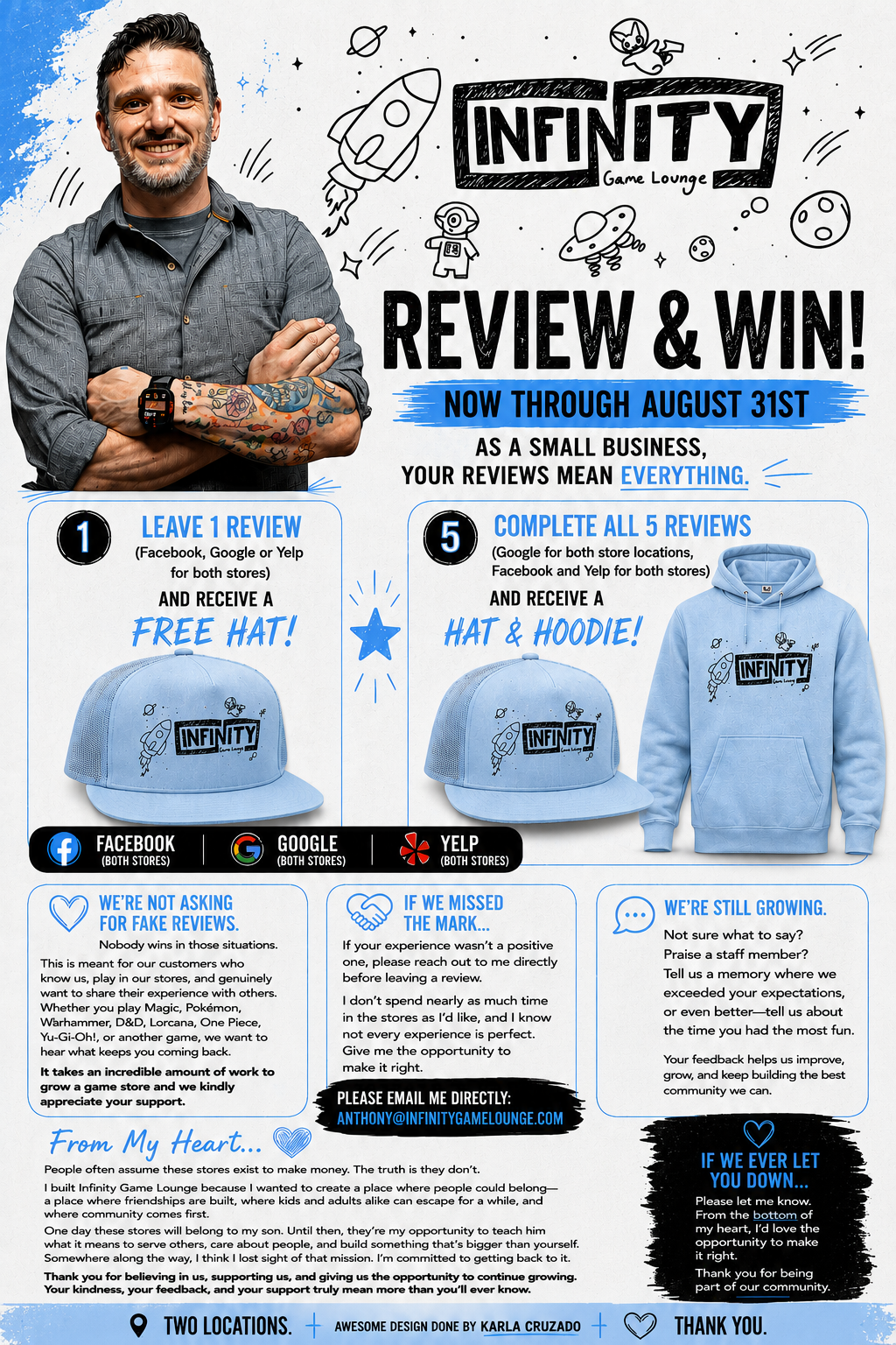 Review & Win challenge flyer: leave one honest review to earn a free hat, or complete all five reviews (Facebook, Google Clarksville, Google Sango, and both Yelp locations) to earn a hat and hoodie. Rewards are for participating, not for positive ratings.